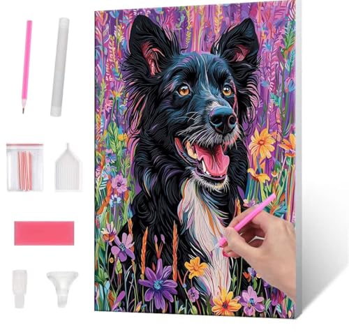 Diamond Painting Erwachsene Kinder, 5D Cute Dog Diamant Painting Bilder Anfänger, DIY Runder Vollbohrer Diamanten Malerei Stickerei Set Kreuzstich Frauen Geschenke Home Wand Dekorieren 80x110cm H-493 von QIANLUOO