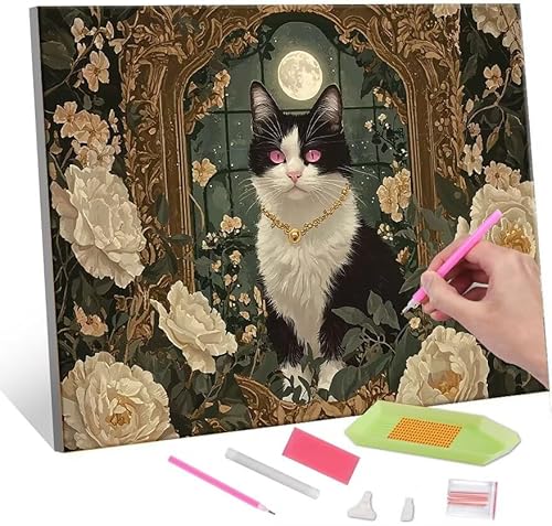 Diamond Painting Erwachsene Kinder, 5D Flowers Cat Diamant Painting Bilder Anfänger, DIY Runder Vollbohrer Diamanten Malerei Stickerei Set Kreuzstich Frauen Geschenke Home Wand Dekorieren 30x40cm H389 von QIANLUOO