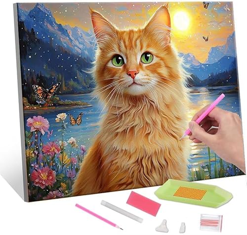 Diamond Painting Erwachsene Kinder, 5D Ginger cat Diamant Painting Bilder Anfänger, DIY Runder Vollbohrer Diamanten Malerei Stickerei Set Kreuzstich Frauen Geschenke Home Wand Dekorieren 80x110cm H457 von QIANLUOO