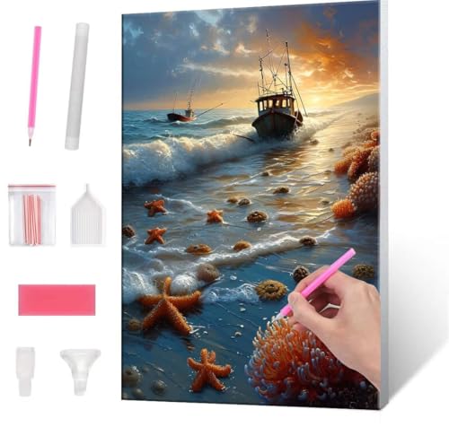 Diamond Painting Erwachsene Kinder, 5D Ship Beach Diamant Painting Bilder Anfänger, DIY Runder Vollbohrer Diamanten Malerei Stickerei Set Kreuzstich Frauen Geschenke Home Wand Dekorieren 50x70cm H-109 von QIANLUOO