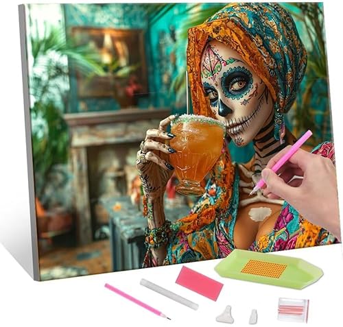 Diamond Painting Erwachsene Kinder, 5D Skull Woman Diamant Painting Bilder Anfänger, DIY Runder Vollbohrer Diamanten Malerei Stickerei Set Kreuzstich Frauen Geschenke Home Wand Dekorieren 30x40cm H530 von QIANLUOO