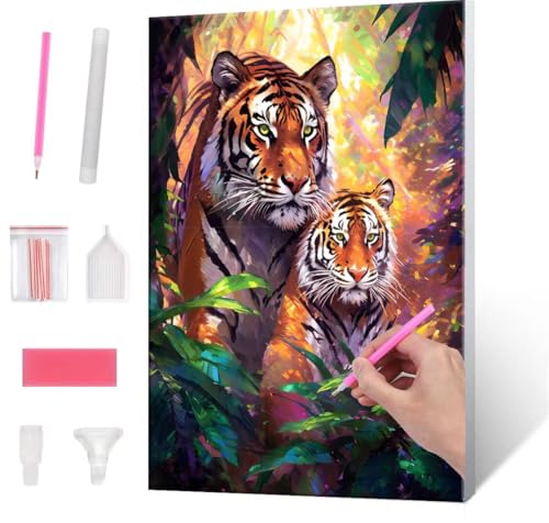 Diamond Painting Erwachsene Kinder, 5D Tiger Forest Diamant Painting Bilder Anfänger, DIY Runder Vollbohrer Diamanten Malerei Stickerei Set Kreuzstich Geschenke Home Wand Dekorieren 30x40cm H-552 von QIANLUOO