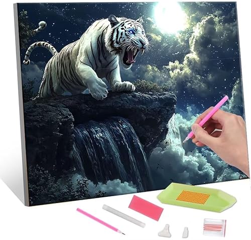 Diamond Painting Erwachsene Kinder, 5D Tiger Moon Diamant Painting Bilder Anfänger, DIY Runder Vollbohrer Diamanten Malerei Stickerei Set Kreuzstich Frauen Geschenke Home Wand Dekorieren 30x40cm H-558 von QIANLUOO