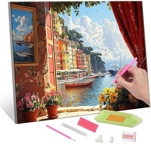 Diamond Painting Erwachsene Kinder, 5D Window sill scenery Diamant Painting Bilder Anfänger, DIY Runder Vollbohrer Diamanten Malerei Stickerei Set Kreuzstich Geschenke Home Wand Dekor 30x40cm H-114 von QIANLUOO