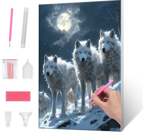 Diamond Painting Erwachsene Kinder, 5D Wolf Moon Diamant Painting Bilder Anfänger, DIY Runder Vollbohrer Diamanten Malerei Stickerei Set Kreuzstich Frauen Geschenke Home Wand Dekorieren 30x40cm H-546 von QIANLUOO