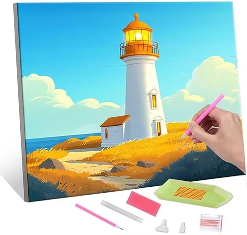 Diamond Painting Erwachsene Kinder, 5D lighthouse Diamant Painting Bilder Anfänger, DIY Runder Vollbohrer Diamanten Malerei Stickerei Set Kreuzstich Frauen Geschenke Home Wand Dekorieren 30x40cm H-139 von QIANLUOO