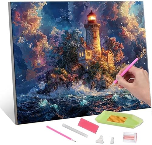 Diamond Painting Erwachsene Kinder, 5D lighthouse Diamant Painting Bilder Anfänger, DIY Runder Vollbohrer Diamanten Malerei Stickerei Set Kreuzstich Frauen Geschenke Home Wand Dekorieren 30x40cm H-138 von QIANLUOO