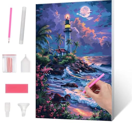 Diamond Painting Erwachsene Kinder, 5D lighthouse Diamant Painting Bilder Anfänger, DIY Runder Vollbohrer Diamanten Malerei Stickerei Set Kreuzstich Frauen Geschenke Home Wand Dekorieren 30x40cm H-135 von QIANLUOO