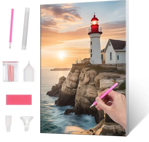 Diamond Painting Erwachsene Kinder, 5D lighthouse Diamant Painting Bilder Anfänger, DIY Runder Vollbohrer Diamanten Malerei Stickerei Set Kreuzstich Frauen Geschenke Home Wand Dekorieren 50x70cm H-132 von QIANLUOO