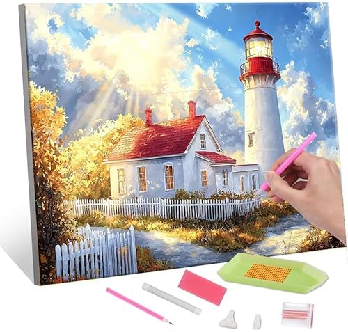 Diamond Painting Erwachsene Kinder, 5D lighthouse Diamant Painting Bilder Anfänger, DIY Runder Vollbohrer Diamanten Malerei Stickerei Set Kreuzstich Frauen Geschenke Home Wand Dekorieren 80x110cm H136 von QIANLUOO