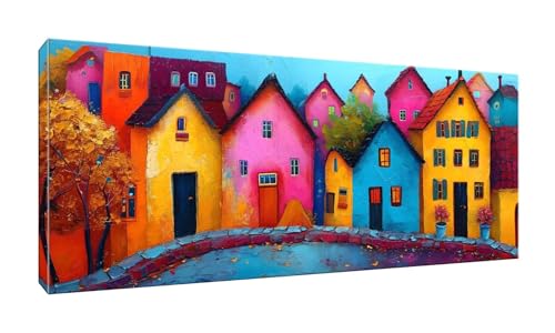 Malen Nach Zahlen Erwachsene Bunte Kleinstadt DIY Handgemalt Ölgemälde Leinwand Set mit 3 Pinsel und Acrylpigment für Frauen Home Deko Geburtstag Weihnachten Geschenk - 50x100 cm (Ohne Rahmen) H-71 von QIANLUOO