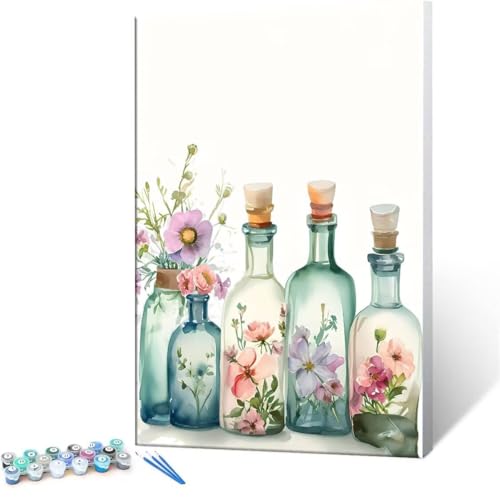 Malen Nach Zahlen Erwachsene - DIY Blumen Glasflasche Handgemalt Ölgemälde Kit für Anfänger, Mit 3-Pinseln und Acrylfarbe Handgemalt öLgemäLde Kit Als Heimdekoration 70x90cm (Ohne Rahmen) R-138 von QIANLUOO