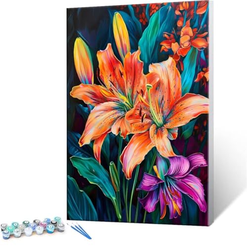 Malen Nach Zahlen Erwachsene - DIY Blumen Lilie Handgemalt Ölgemälde Kit für Anfänger, Mit 3-Pinseln und Acrylfarbe Handgemalt öLgemäLde Kit Als Geschenk Heimdekoration 100x140cm (Ohne Rahmen) R-144 von QIANLUOO