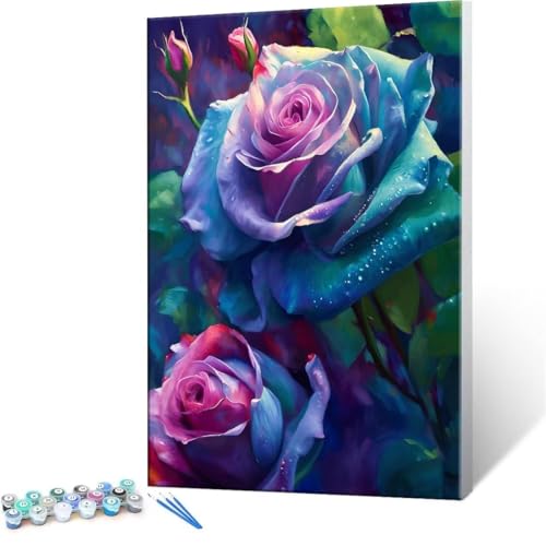 Malen Nach Zahlen Erwachsene - DIY Bunt Rose Handgemalt Ölgemälde Kit für Anfänger, Mit 3-Pinseln und Acrylfarbe Handgemalt öLgemäLde Kit Als Geschenk Heimdekoration 35x50cm (Ohne Rahmen) R-25 von QIANLUOO