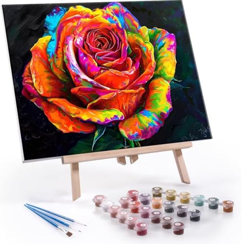 Malen Nach Zahlen Erwachsene - DIY Bunt Rose Handgemalt Ölgemälde Kit für Anfänger, Mit 3-Pinseln und Acrylfarbe Handgemalt öLgemäLde Kit Als Geschenk Heimdekoration 60x80cm (Ohne Rahmen) R-517 von QIANLUOO