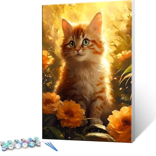 Malen Nach Zahlen Erwachsene - DIY Cat Blume Handgemalt Ölgemälde Kit für Anfänger, Mit 3-Pinseln und Acrylfarbe Handgemalt öLgemäLde Kit Als Geschenk Heimdekoration 35x50cm (Ohne Rahmen) R-217 von QIANLUOO