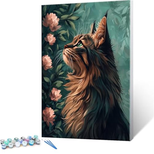 Malen Nach Zahlen Erwachsene - DIY Cat Blumen Handgemalt Ölgemälde Kit für Anfänger, Mit 3-Pinseln und Acrylfarbe Handgemalt öLgemäLde Kit Als Geschenk Heimdekoration 90x120cm (Ohne Rahmen) R-223 von QIANLUOO