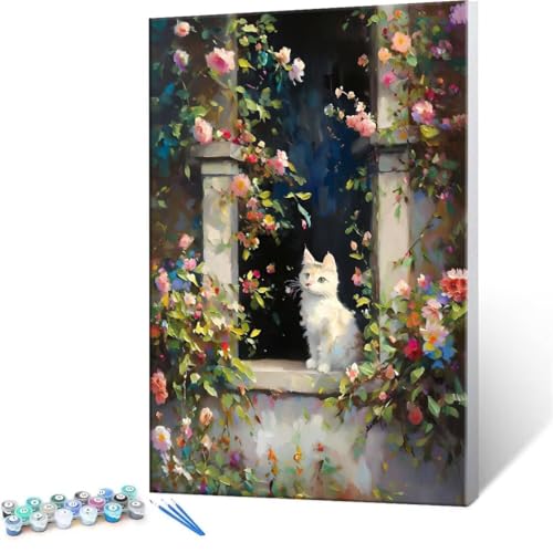 Malen Nach Zahlen Erwachsene - DIY Cat Blumenwand Handgemalt Ölgemälde Kit für Anfänger, Mit 3-Pinseln und Acrylfarbe Handgemalt öLgemäLde Kit Als Geschenk Heimdekoration 80x100cm (Ohne Rahmen) R-221 von QIANLUOO