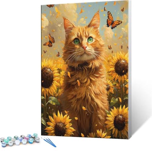 Malen Nach Zahlen Erwachsene - DIY Cat Sonnenblume Handgemalt Ölgemälde Kit für Anfänger, Mit 3-Pinseln und Acrylfarbe Handgemalt öLgemäLde Kit Als Geschenk Heimdekoration 80x100cm (Ohne Rahmen) R-224 von QIANLUOO