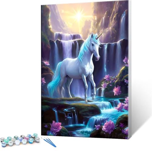 Malen Nach Zahlen Erwachsene - DIY Einhorn Wasserfall Handgemalt Ölgemälde Kit für Anfänger, Mit 3-Pinseln und Acrylfarbe Handgemalt öLgemäLde Kit Als Geschenk Heimdekoration 70x90cm (Ohne Rahmen) R81 von QIANLUOO