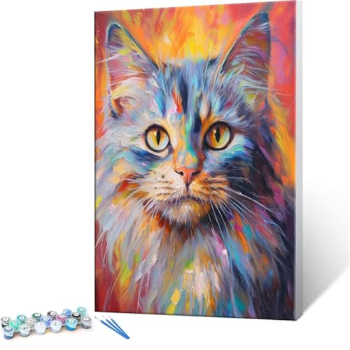 Malen Nach Zahlen Erwachsene - DIY Farbe Cat Handgemalt Ölgemälde Kit für Anfänger, Mit 3-Pinseln und Acrylfarbe Handgemalt öLgemäLde Kit Als Geschenk Heimdekoration 20x30cm (Ohne Rahmen) R-24 von QIANLUOO