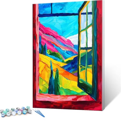 Malen Nach Zahlen Erwachsene - DIY Fenster Ansicht Handgemalt Ölgemälde Kit für Anfänger, Mit 3-Pinseln und Acrylfarbe Handgemalt öLgemäLde Kit Als Geschenk Heimdekoration 30x40cm (Ohne Rahmen) R-53 von QIANLUOO