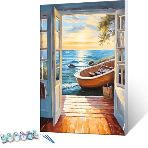 Malen Nach Zahlen Erwachsene - DIY Fenster Meerblick Handgemalt Ölgemälde Kit für Anfänger, Mit 3-Pinseln und Acrylfarbe Handgemalt öLgemäLde Kit Als Geschenk Heimdekoration 60x80cm (Ohne Rahmen) R-52 von QIANLUOO