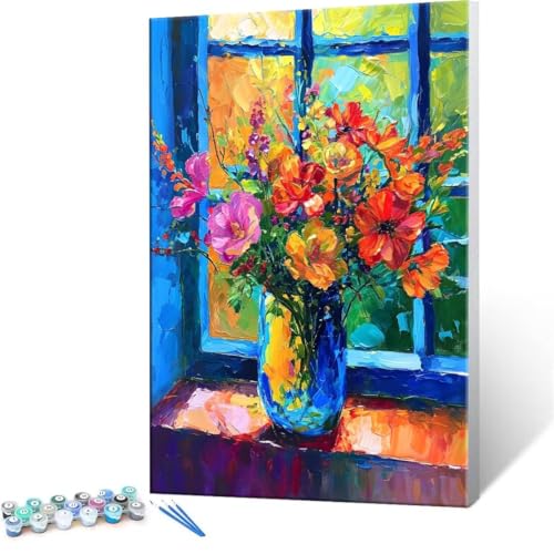 Malen Nach Zahlen Erwachsene - DIY Fensterbank Blumen Handgemalt Ölgemälde Kit für Anfänger, Mit 3-Pinseln und Acrylfarbe Handgemalt öLgemäLde Kit Als Geschenk Heimdekoration 20x30cm (Ohne Rahmen) R54 von QIANLUOO