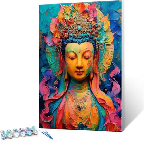 Malen Nach Zahlen Erwachsene - DIY Guanyin Bodhisattva Handgemalt Ölgemälde Kit für Anfänger, Mit 3-Pinseln und Acrylfarbe Handgemalt öLgemäLde Kit Als Heimdekoration 70x90cm (Ohne Rahmen) R-105 von QIANLUOO