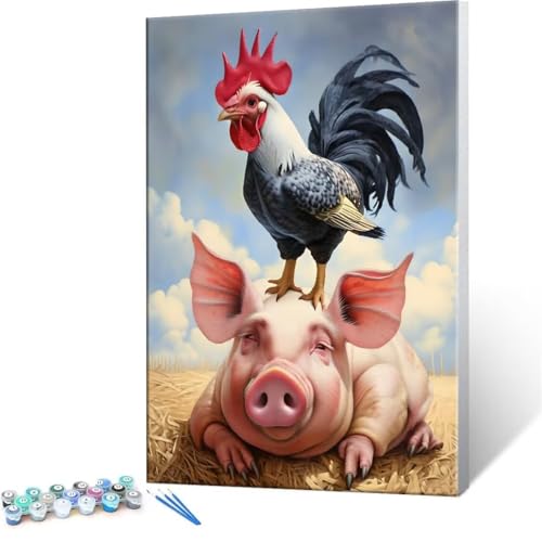 Malen Nach Zahlen Erwachsene - DIY Hahn Schwein Handgemalt Ölgemälde Kit für Anfänger, Mit 3-Pinseln und Acrylfarbe Handgemalt öLgemäLde Kit Als Geschenk Heimdekoration 60x80cm (Ohne Rahmen) R-103 von QIANLUOO