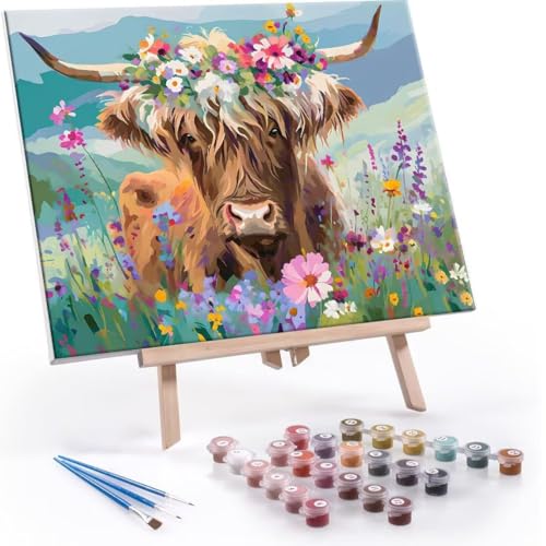 Malen Nach Zahlen Erwachsene - DIY Hochlandrinder Blumen Handgemalt Ölgemälde Kit für Anfänger, Mit 3-Pinseln und Acrylfarbe Handgemalt öLgemäLde Kit Als Heimdekoration 60x80cm (Ohne Rahmen) R-598 von QIANLUOO