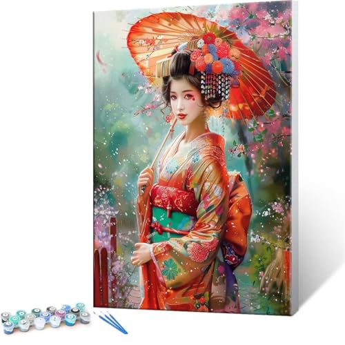 Malen Nach Zahlen Erwachsene - DIY Japanisch Geisha Handgemalt Ölgemälde Kit für Anfänger, Mit 3-Pinseln und Acrylfarbe Handgemalt öLgemäLde Kit Als Geschenk Heimdekoration 80x100cm (Ohne Rahmen) R293 von QIANLUOO