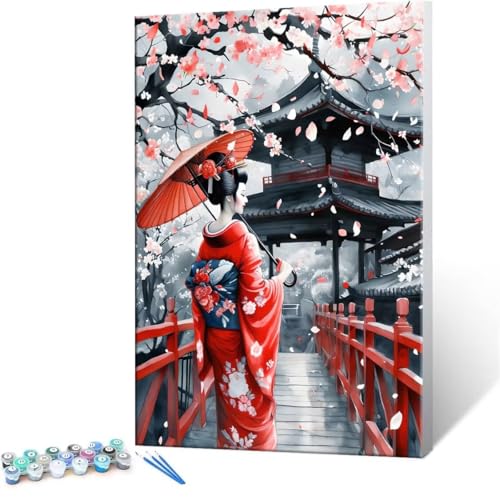 Malen Nach Zahlen Erwachsene - DIY Japanische Geisha Handgemalt Ölgemälde Kit für Anfänger, Mit 3-Pinseln und Acrylfarbe Handgemalt öLgemäLde Kit Als Geschenk Heimdekoration 20x30cm (Ohne Rahmen) R291 von QIANLUOO