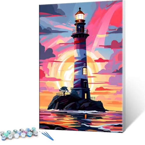 Malen Nach Zahlen Erwachsene - DIY Leuchtturm Handgemalt Ölgemälde Kit für Anfänger, Mit 3-Pinseln und Acrylfarbe Handgemalt öLgemäLde Kit Als Geschenk Heimdekoration 30x40cm (Ohne Rahmen) R-62 von QIANLUOO