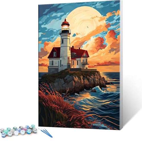 Malen Nach Zahlen Erwachsene - DIY Leuchtturm Wellen Handgemalt Ölgemälde Kit für Anfänger, Mit 3-Pinseln und Acrylfarbe Handgemalt öLgemäLde Kit Als Geschenk Heimdekoration 35x50cm (Ohne Rahmen) R-61 von QIANLUOO