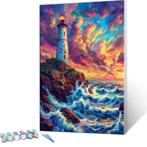 Malen Nach Zahlen Erwachsene - DIY Leuchtturm Wellen Handgemalt Ölgemälde Kit für Anfänger, Mit 3-Pinseln und Acrylfarbe Handgemalt öLgemäLde Kit Als Geschenk Heimdekoration 40x50cm (Ohne Rahmen) R-63 von QIANLUOO