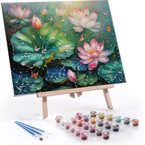 Malen Nach Zahlen Erwachsene - DIY Lotus Butterfly Handgemalt Ölgemälde Kit für Anfänger, Mit 3-Pinseln und Acrylfarbe Handgemalt öLgemäLde Kit Als Geschenk Heimdekoration 50x70cm (Ohne Rahmen) R-614 von QIANLUOO