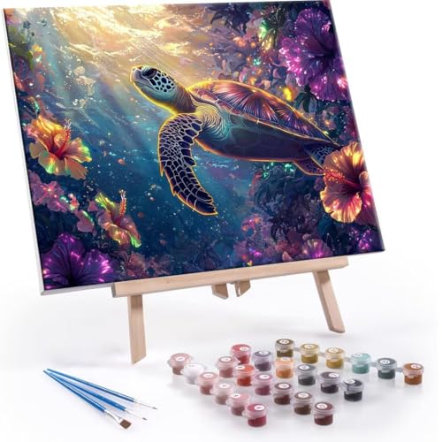 Malen Nach Zahlen Erwachsene - DIY Meeresschildkröte Handgemalt Ölgemälde Kit für Anfänger, Mit 3-Pinseln und Acrylfarbe Handgemalt öLgemäLde Kit Als Geschenk Heimdekoration 20x30cm (Ohne Rahmen) R606 von QIANLUOO