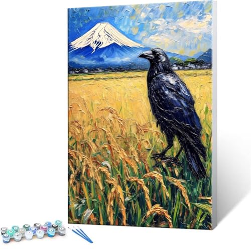 Malen Nach Zahlen Erwachsene - DIY Mount Fuji Crow Handgemalt Ölgemälde Kit für Anfänger, Mit 3-Pinseln und Acrylfarbe Handgemalt öLgemäLde Kit Als Geschenk Heimdekoration 50x70cm (Ohne Rahmen) R-101 von QIANLUOO