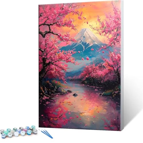 Malen Nach Zahlen Erwachsene - DIY Mount Fuji Landschaft Handgemalt Ölgemälde Kit für Anfänger, Mit 3-Pinseln und Acrylfarbe Handgemalt öLgemäLde Kit Als Heimdekoration 60x80cm (Ohne Rahmen) R-100 von QIANLUOO