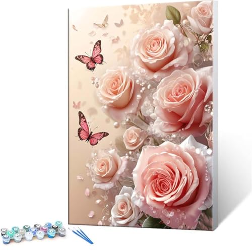 Malen Nach Zahlen Erwachsene - DIY Rose Schmetterling Handgemalt Ölgemälde Kit für Anfänger, Mit 3-Pinseln und Acrylfarbe Handgemalt öLgemäLde Kit Als Heimdekoration 35x50cm (Ohne Rahmen) R-226 von QIANLUOO