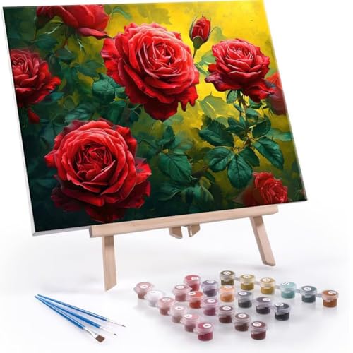 Malen Nach Zahlen Erwachsene - DIY Rote Rose Handgemalt Ölgemälde Kit für Anfänger, Mit 3-Pinseln und Acrylfarbe Handgemalt öLgemäLde Kit Als Geschenk Heimdekoration 60x80cm (Ohne Rahmen) R-622 von QIANLUOO