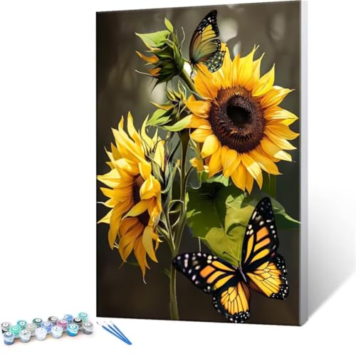 Malen Nach Zahlen Erwachsene - DIY Schmetterling Sonnenblume Handgemalt Ölgemälde Kit für Anfänger, Mit 3-Pinseln und Acrylfarbe Handgemalt öLgemäLde Kit Als Heimdekoration 20x30cm (Ohne Rahmen) R-129 von QIANLUOO