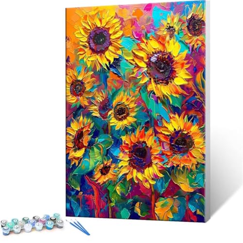 Malen Nach Zahlen Erwachsene - DIY Sonnenblume Handgemalt Ölgemälde Kit für Anfänger, Mit 3-Pinseln und Acrylfarbe Handgemalt öLgemäLde Kit Als Geschenk Heimdekoration 50x70cm (Ohne Rahmen) R-389 von QIANLUOO