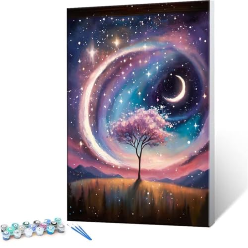 Malen Nach Zahlen Erwachsene - DIY Sternenhimmel Baum Handgemalt Ölgemälde Kit für Anfänger, Mit 3-Pinseln und Acrylfarbe Handgemalt öLgemäLde Kit Als Heimdekoration 50x70cm (Ohne Rahmen) R-404 von QIANLUOO