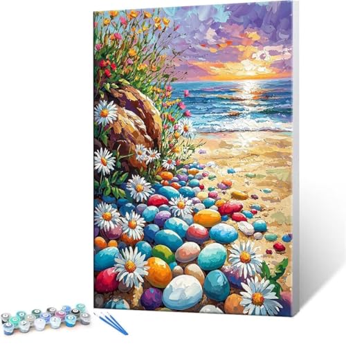 Malen Nach Zahlen Erwachsene - DIY Strand Blumen Handgemalt Ölgemälde Kit für Anfänger, Mit 3-Pinseln und Acrylfarbe Handgemalt öLgemäLde Kit Als Geschenk Heimdekoration 80x100cm (Ohne Rahmen) R-110 von QIANLUOO