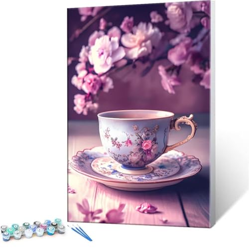 Malen Nach Zahlen Erwachsene - DIY Teetasse Blumen Handgemalt Ölgemälde Kit für Anfänger, Mit 3-Pinseln und Acrylfarbe Handgemalt öLgemäLde Kit Als Geschenk Heimdekoration 30x40cm (Ohne Rahmen) R-38 von QIANLUOO