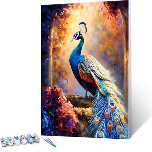 Malen Nach Zahlen Erwachsene - DIY Tier Pfau Handgemalt Ölgemälde Kit für Anfänger, Mit 3-Pinseln und Acrylfarbe Handgemalt öLgemäLde Kit Als Geschenk Heimdekoration 30x40cm (Ohne Rahmen) R-68 von QIANLUOO