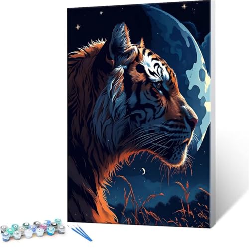 Malen Nach Zahlen Erwachsene - DIY Tiger Mond Handgemalt Ölgemälde Kit für Anfänger, Mit 3-Pinseln und Acrylfarbe Handgemalt öLgemäLde Kit Als Geschenk Heimdekoration 50x70cm (Ohne Rahmen) R-200 von QIANLUOO