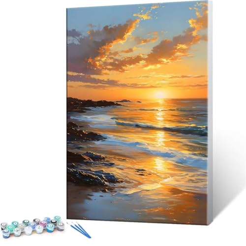 Malen Nach Zahlen Erwachsene - DIY Wellen Sonnenuntergang Handgemalt Ölgemälde Kit für Anfänger, Mit 3-Pinseln und Acrylfarbe Handgemalt öLgemäLde Kit Als Heimdekoration 60x80cm (Ohne Rahmen) R-109 von QIANLUOO